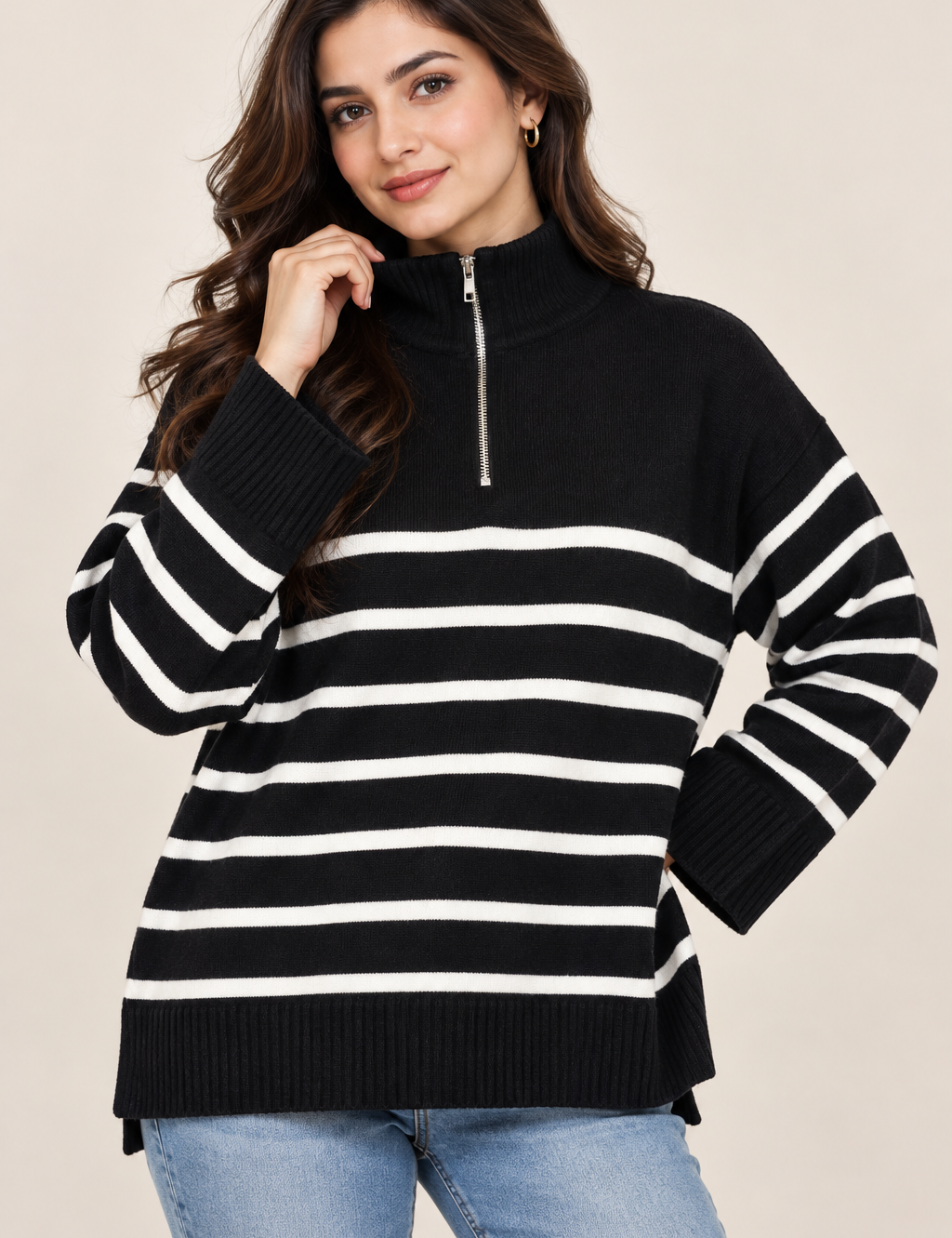  Zara Women’s Black & White Striped Half-Zip Knit Jumper in UK Size XL. Stylish relaxed-fit knitwear perfect for casual autumn and winter outfits.