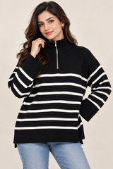 Zara Women Black & White Striped Half-Zip Knit Jumper