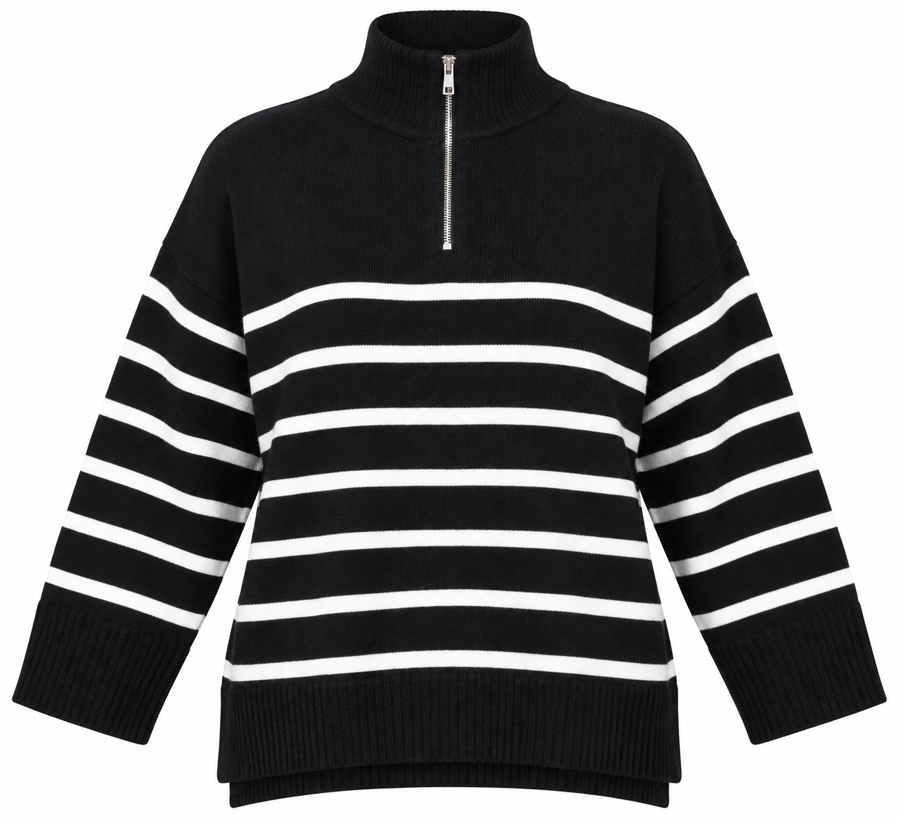  Zara Women’s Black & White Striped Half-Zip Knit Jumper in UK Size XL. Stylish relaxed-fit knitwear perfect for casual autumn and winter outfits.