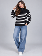 ZARA Women Black & White Striped Quarter-Zip Knit Jumper