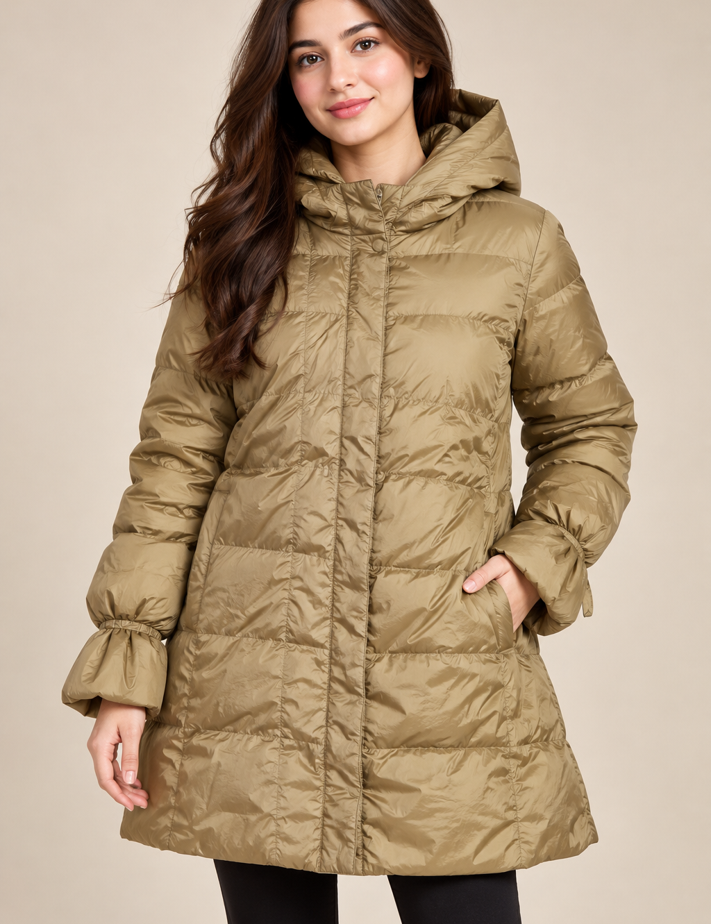 ZARA women’s khaki hooded puffer coat in UK Size S. A warm, stylish long padded winter jacket with hood and practical pockets for everyday wear.