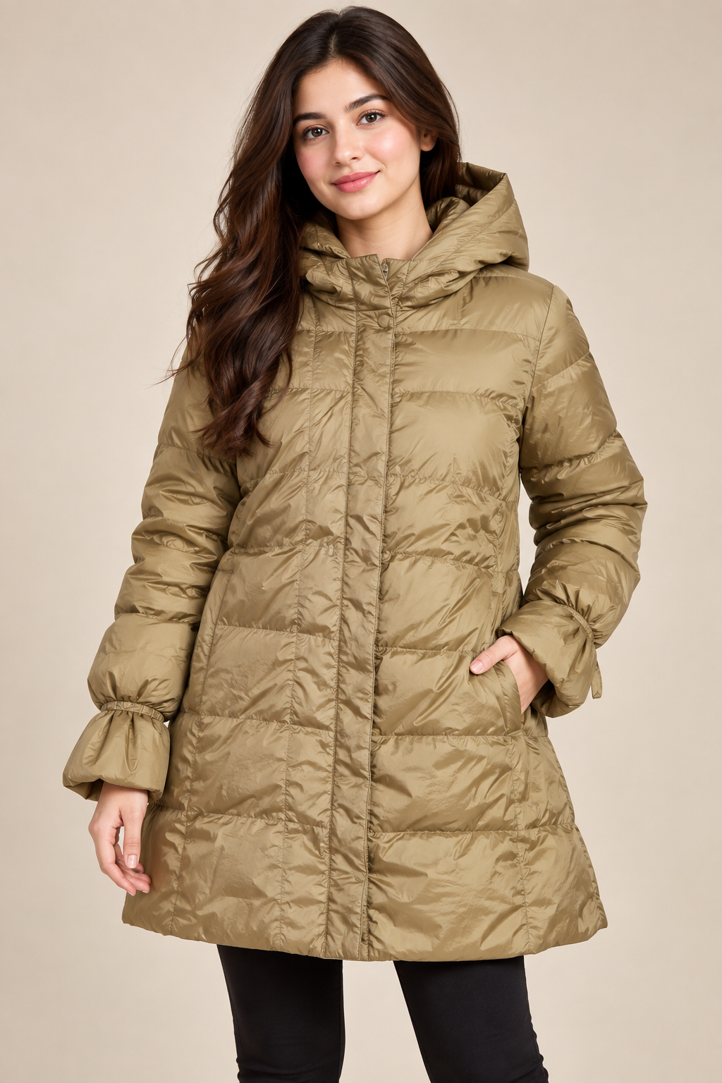 ZARA women’s khaki hooded puffer coat in UK Size S. A warm, stylish long padded winter jacket with hood and practical pockets for everyday wear.