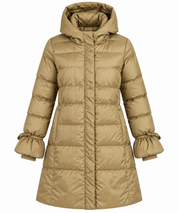 ZARA women’s khaki hooded puffer coat in UK Size S. A warm, stylish long padded winter jacket with hood and practical pockets for everyday wear.