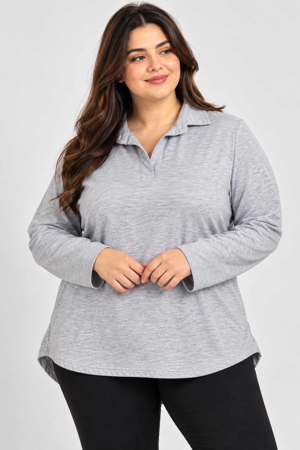 ZARA Women's Light Grey Long Sleeve Polo Top in UK Size 3XL. Relaxed fit, stylish V-neck collar and curved hem. Perfect for everyday fashion.