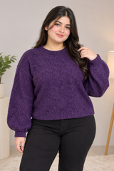 ZARA Women Purple Textured Knit Jumper – Balloon Sleeve Pullover Sweater