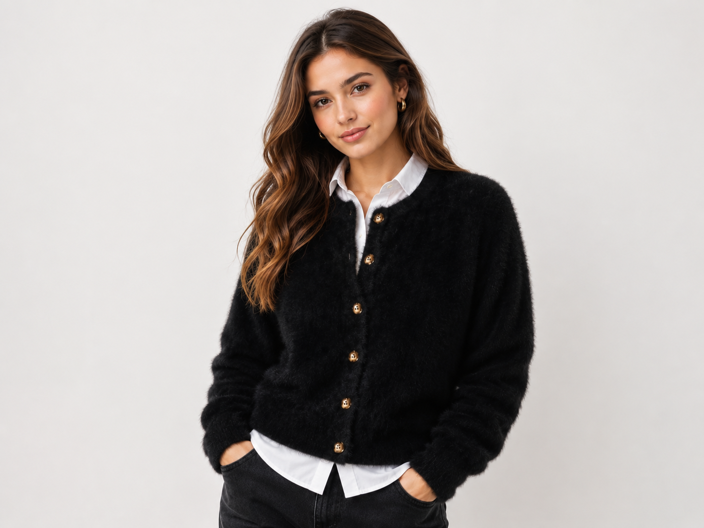  ZARA women’s black fluffy cardigan in UK XL. Soft textured finish, long sleeves and gold-tone buttons make it perfect for stylish everyday layering.