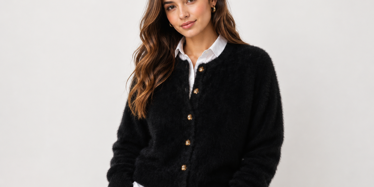  ZARA women’s black fluffy cardigan in UK XL. Soft textured finish, long sleeves and gold-tone buttons make it perfect for stylish everyday layering.