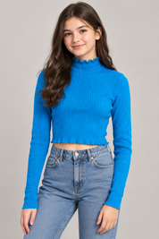  Zara women's bright blue ribbed crop top in UK size L. Features a stylish high ruffled neck, long sleeves, and a trendy cropped fit.