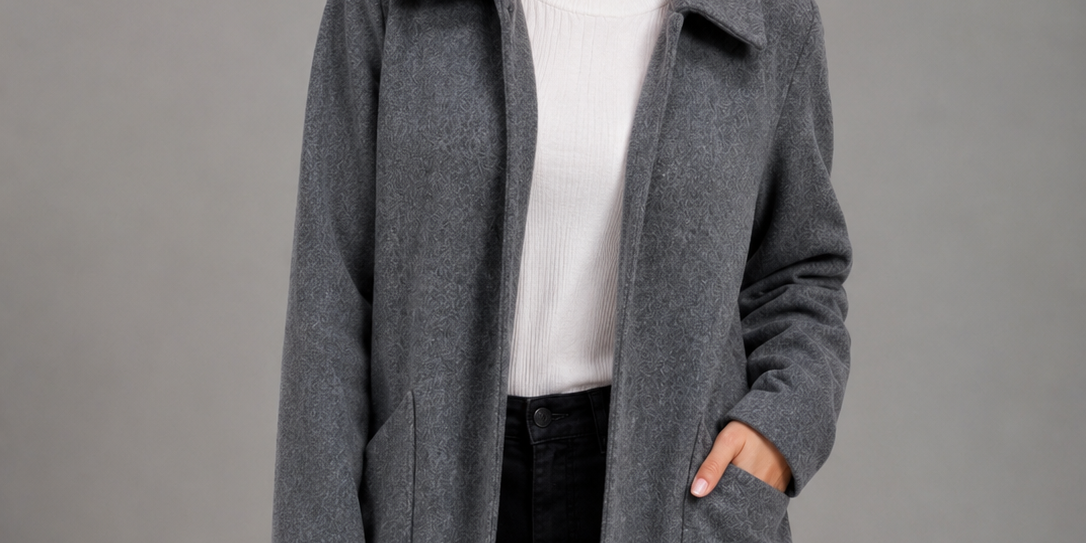  Zara women’s grey open-front coat in UK size M. Stylish wide collar, long sleeves and practical pockets. Perfect for versatile everyday layering.