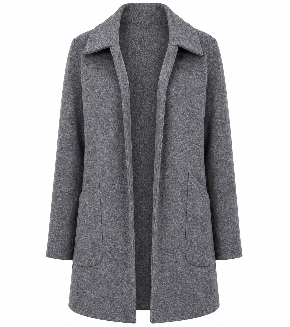  Zara women’s grey open-front coat in UK size M. Stylish wide collar, long sleeves and practical pockets. Perfect for versatile everyday layering.
