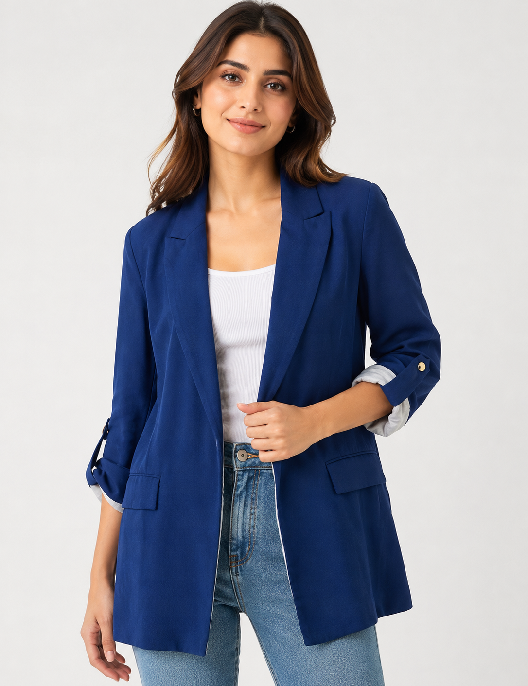  ZARA Women's Navy Blue Longline Blazer featuring an open-front design, classic lapel collar, rolled-up sleeves, and lightweight fabric. Perfect for office wear, business meetings, casual outings, and smart casual fashion.