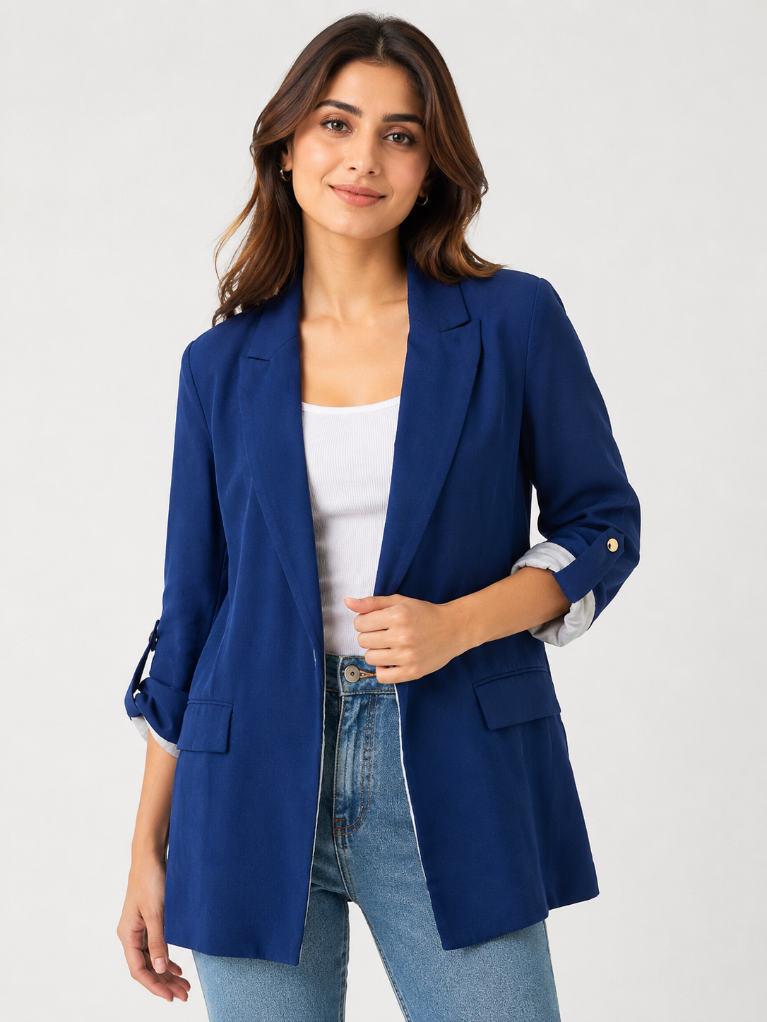  ZARA Women's Navy Blue Longline Blazer featuring an open-front design, classic lapel collar, rolled-up sleeves, and lightweight fabric. Perfect for office wear, business meetings, casual outings, and smart casual fashion.
