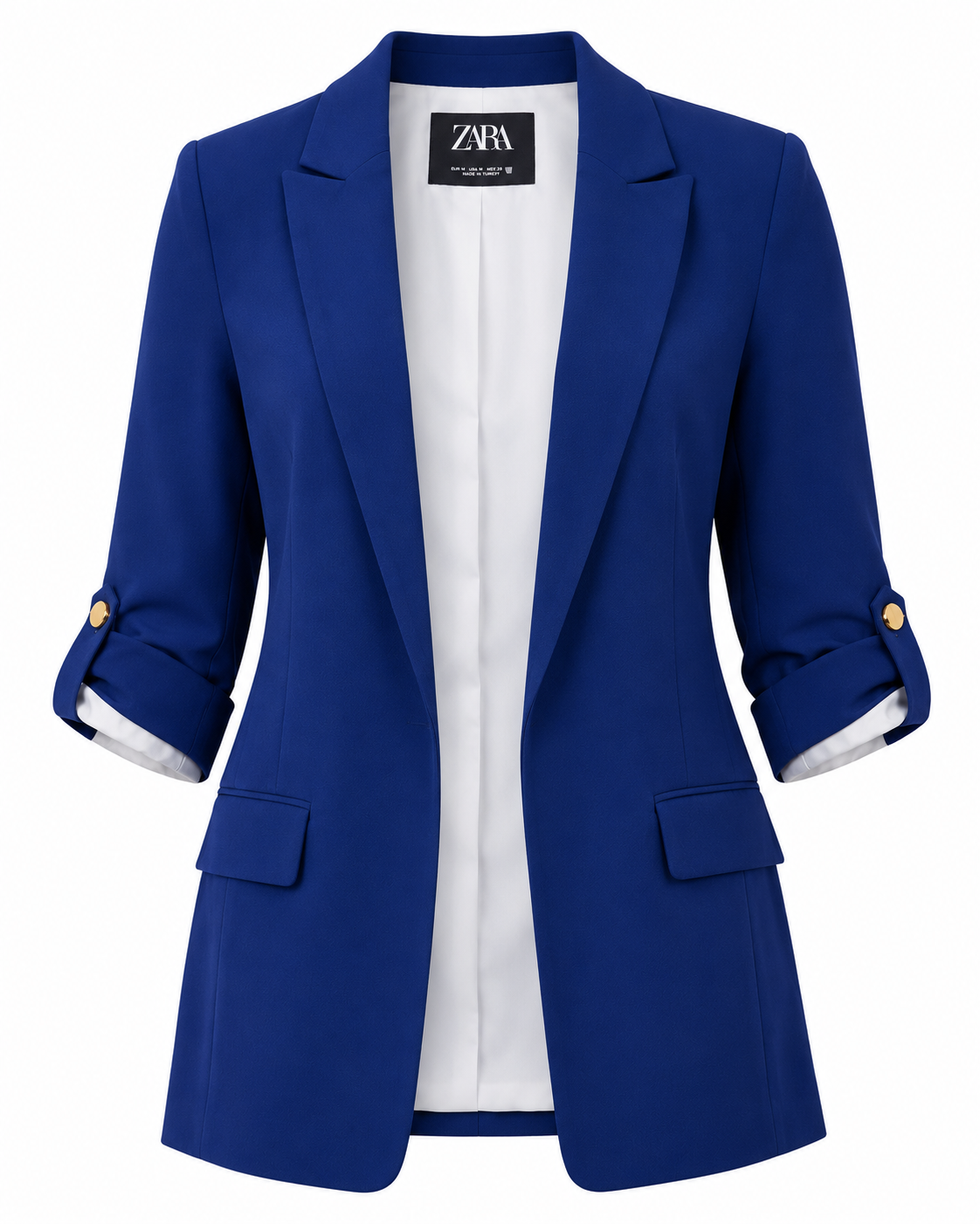 ZARA Women's Navy Blue Longline Blazer featuring an open-front design, classic lapel collar, rolled-up sleeves, and lightweight fabric. Perfect for office wear, business meetings, casual outings, and smart casual fashion.
