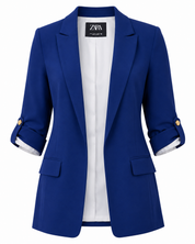ZARA Women's Navy Blue Longline Blazer featuring an open-front design, classic lapel collar, rolled-up sleeves, and lightweight fabric. Perfect for office wear, business meetings, casual outings, and smart casual fashion.