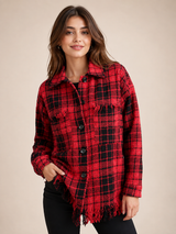Zara Womens Red & Black Checked Fringed Shirt Jacket