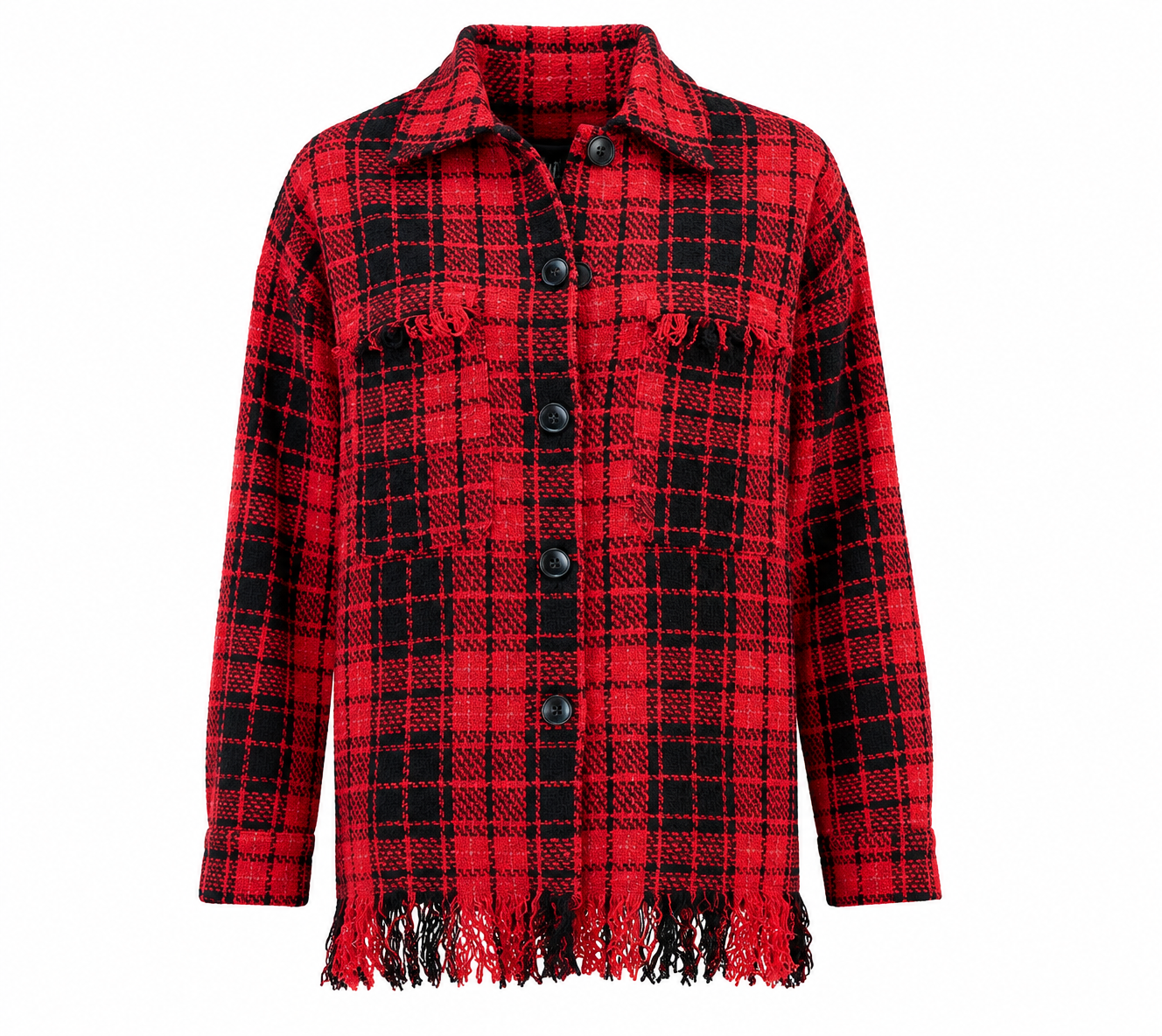  Zara women’s red and black checked fringed shirt jacket, UK size M. Stylish long-sleeve button-front overshirt perfect for casual everyday looks.