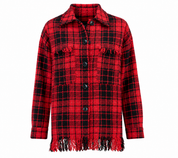  Zara women’s red and black checked fringed shirt jacket, UK size M. Stylish long-sleeve button-front overshirt perfect for casual everyday looks.