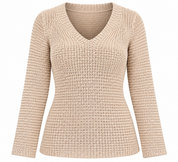 ZARAKNIT women’s beige V-neck knit sweater in UK Size M. Stylish textured knit with long sleeves, perfect for casual wear and layering.