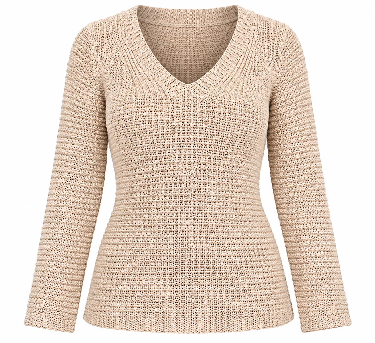 ZARAKNIT women’s beige V-neck knit sweater in UK Size M. Stylish textured knit with long sleeves, perfect for casual wear and layering.