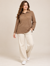 ZL MODA Women Camel Brown Textured Collared Knit Top