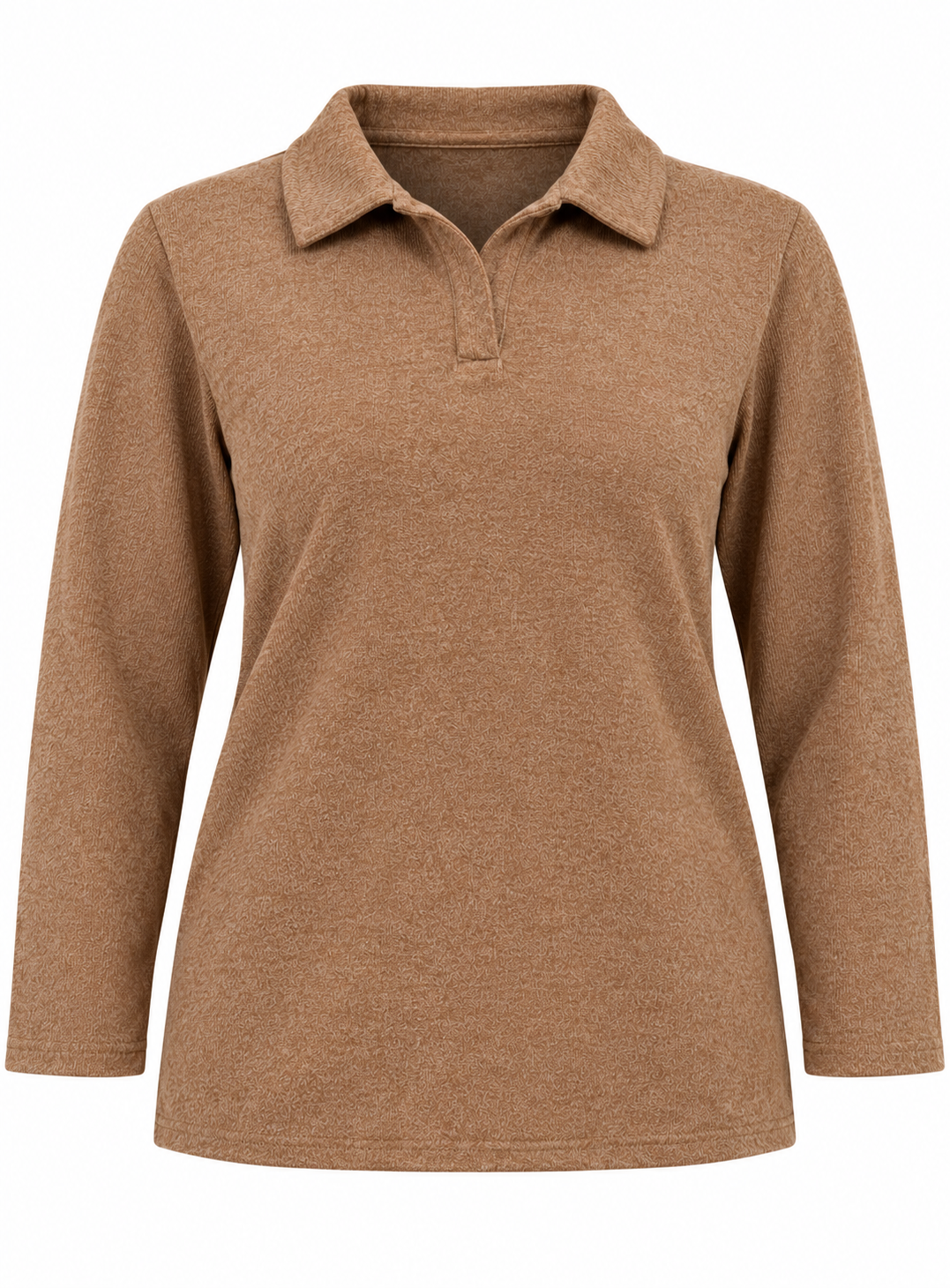 ZL MODA women's camel brown textured knit top in UK size M. Stylish long sleeves, polo collar and relaxed fit for everyday casual wear.