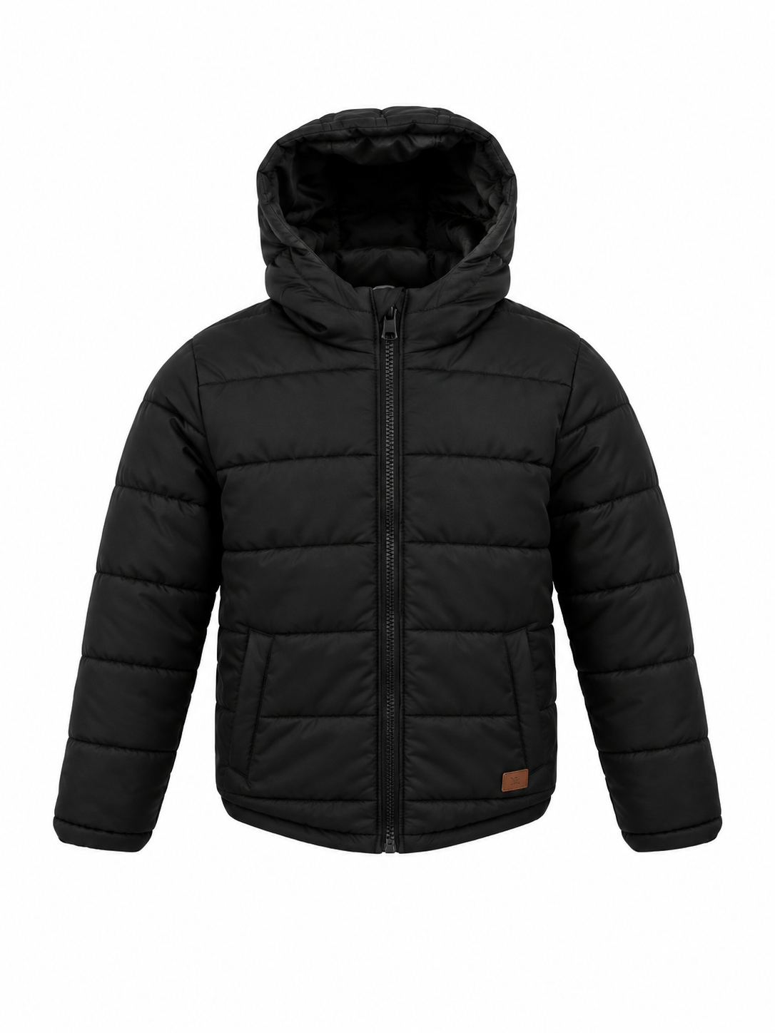 Zudio boys' black hooded quilted puffer jacket in UK size 2–3 years. Warm padded winter coat with full zip, hood and practical pockets.